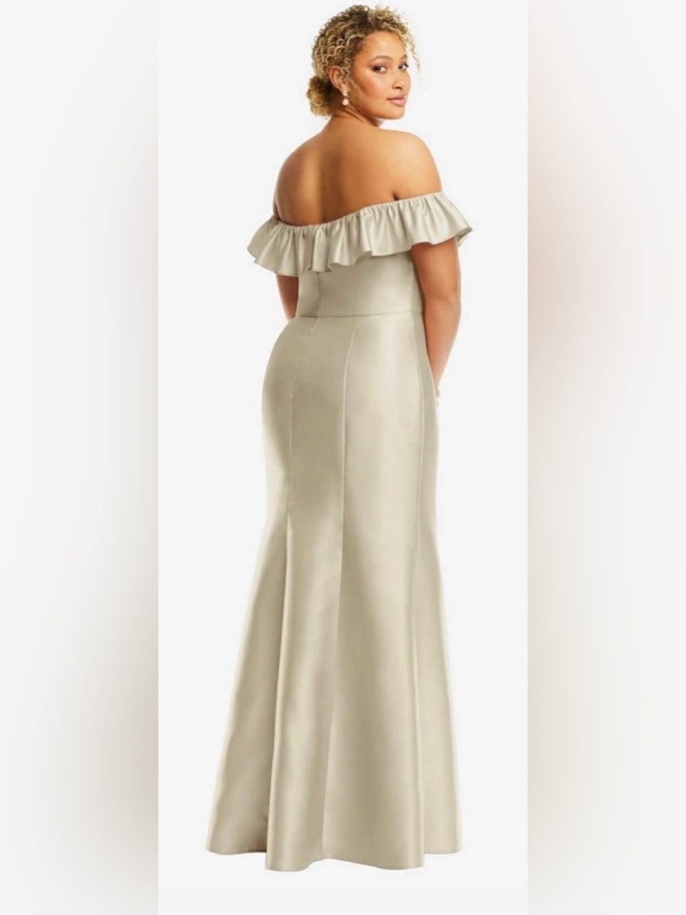 Alfred Sung Off the Shoulder Ruffle Neck Satin Trumpet Gown in Champagne - Picture 8 of 15